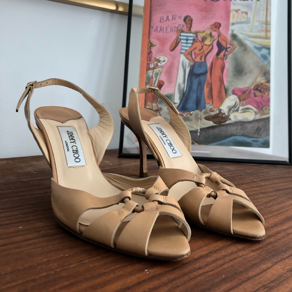 Jimmy Choo Nude Strappy Hoop Slingback Sandals